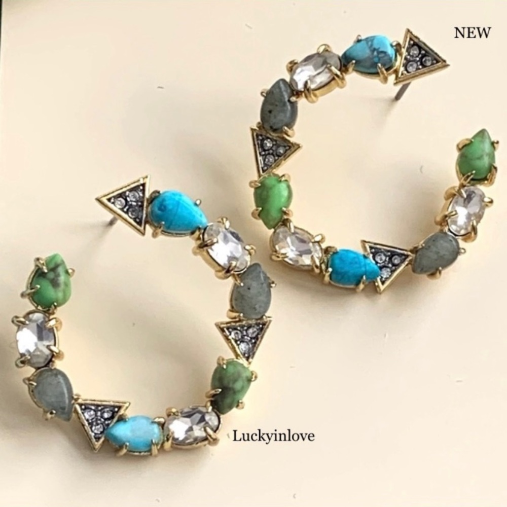 ALEXIS BITTAR• Gold Blue Green Multi-Stone Labradorite Turquoise Coiled Earrings - Picture 5 of 14